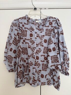 Blue Stripe Blouse with Brown Floral Print by Oddi